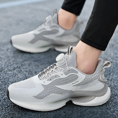 Men's low-top white running shoe with a rotating buckle closure and mesh upper.