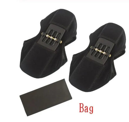 Adjustable spring knee brace for sports support in black, shown with straps.