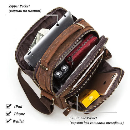 Men's brown crazy horse leather single-shoulder crossbody bag with visible stitching.