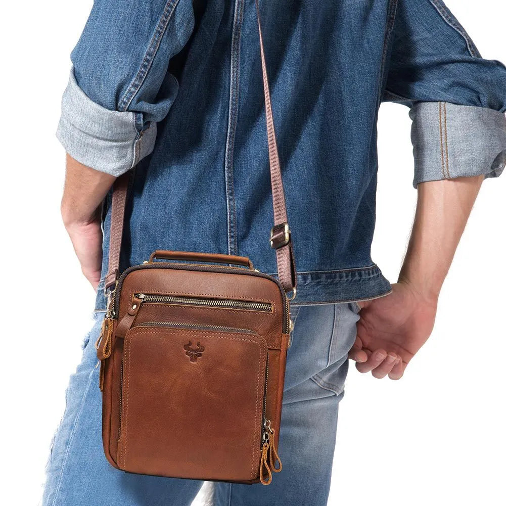 Men's brown crazy horse leather single-shoulder crossbody bag with visible stitching.