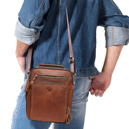 Men's brown crazy horse leather single-shoulder crossbody bag with visible stitching.