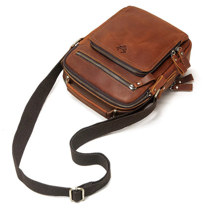 Men's brown crazy horse leather single-shoulder crossbody bag with visible stitching.
