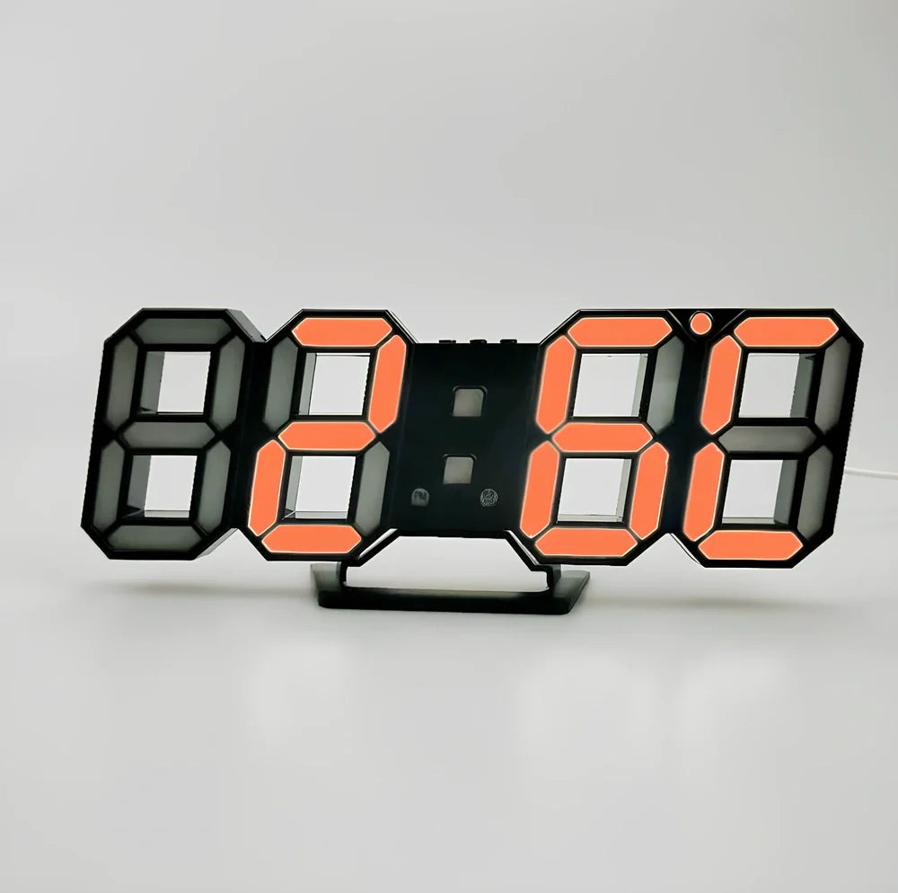 3D LED digital clock showing time and temperature display with adjustable brightness settings