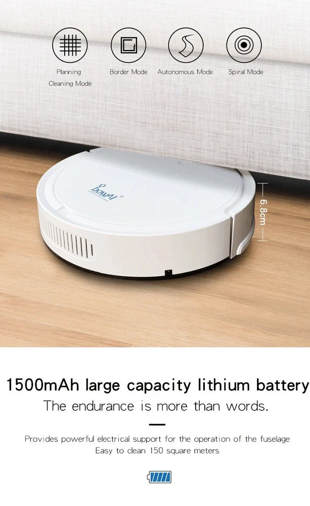 Black robot vacuum cleaner with compact 27.8cm square design and 6.8cm height for under-furniture cleaning