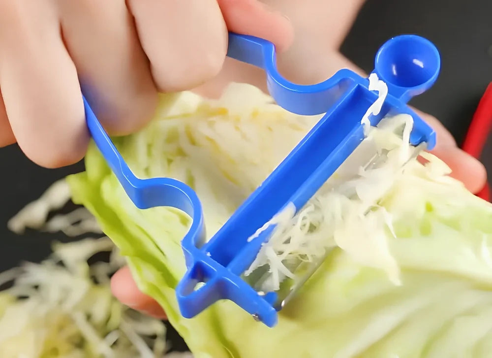 Stainless steel vegetable peeler set with black, blue, red handles and dual swivel blades