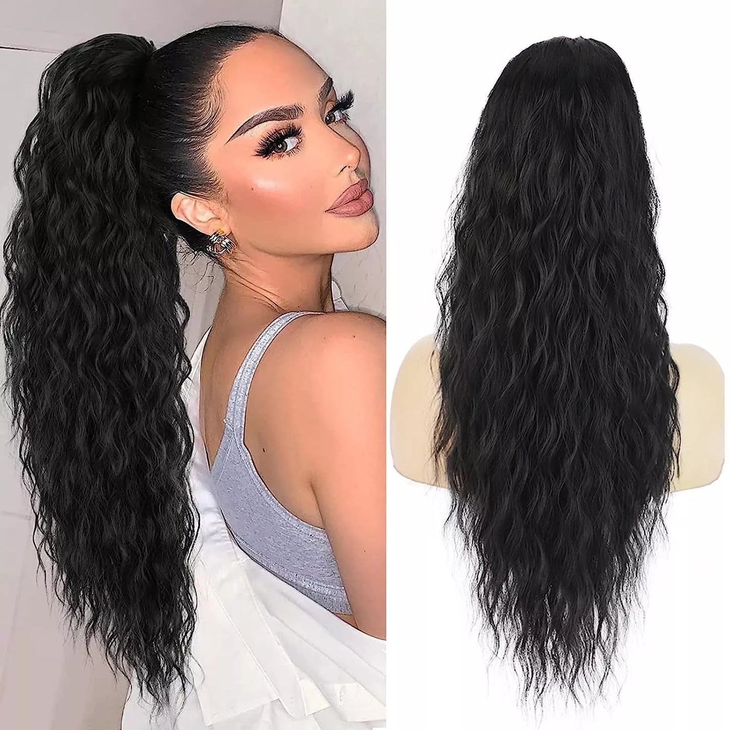Long curly ponytail wig for women with small curls, heat-resistant up to 300°F
