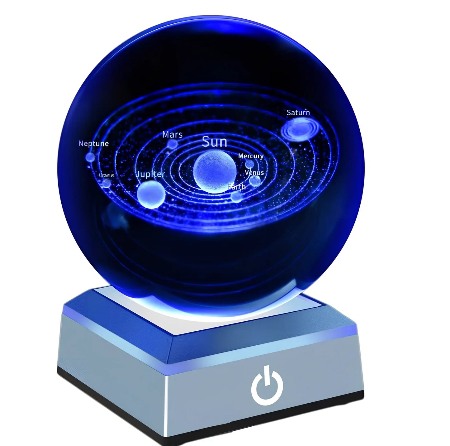 Solar system crystal ball showing planets inside K9 optical crystal sphere on metallic base