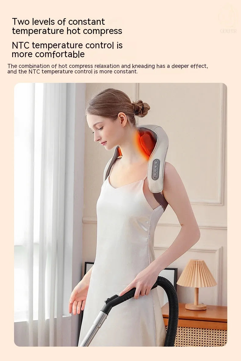 Creamy white rechargeable shoulder and neck massager with kneading rollers.