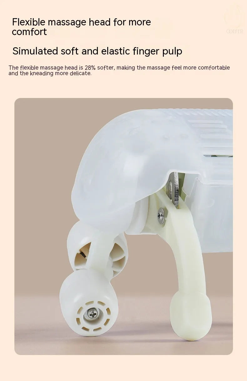 Creamy white rechargeable shoulder and neck massager with kneading rollers.