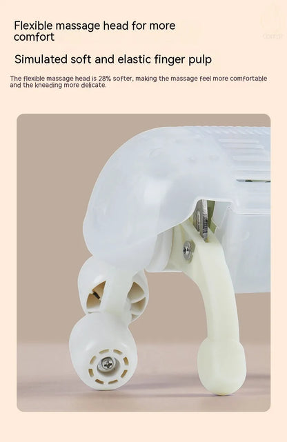 Creamy white rechargeable shoulder and neck massager with kneading rollers.