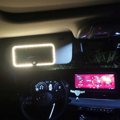 White car sun visor LED make-up mirror with ABS plastic frame and aluminium mirror lens