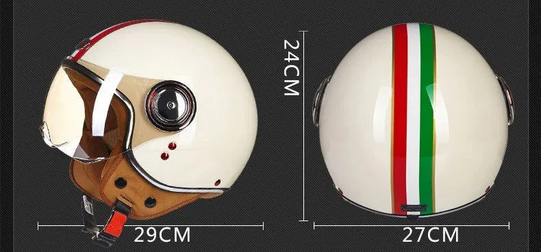 White, red, and green scrambling motorcycle half helmet with ABS plastic shell.