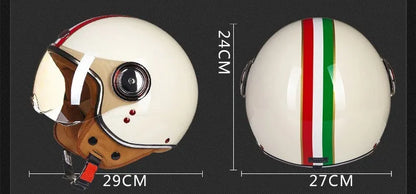 White, red, and green scrambling motorcycle half helmet with ABS plastic shell.