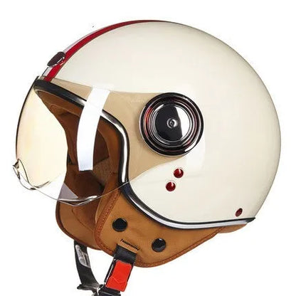 White, red, and green scrambling motorcycle half helmet with ABS plastic shell.