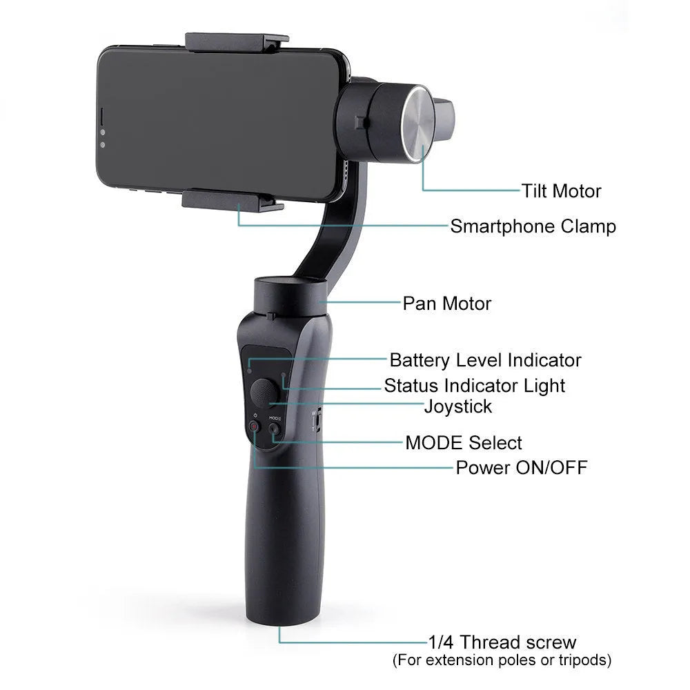 Black 3-axis handheld mobile phone gimbal stabilizer for smartphones under 6.5 inches