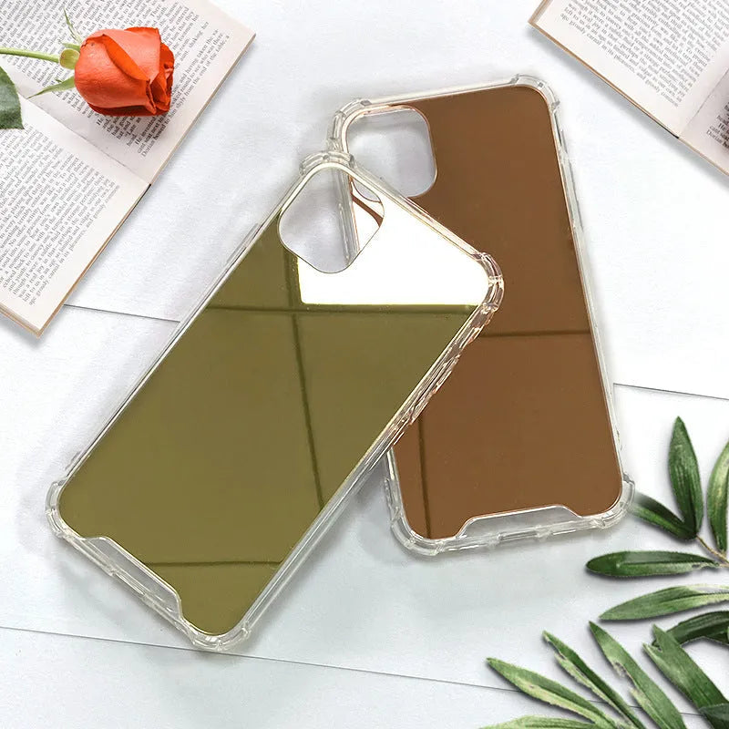 Mirror finish iPhone case showing transparent PC shell with reflective silver surface and back cover design
