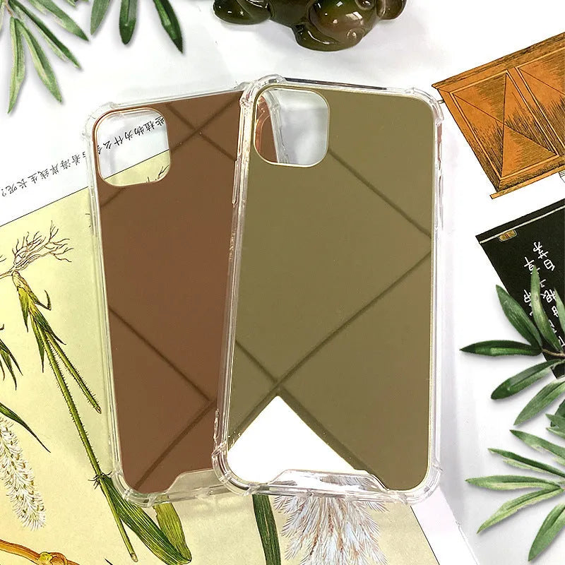 Mirror finish iPhone case showing transparent PC shell with reflective silver surface and back cover design