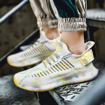 Men's luminous casual shoes with flying weave upper in white, black, and apple green