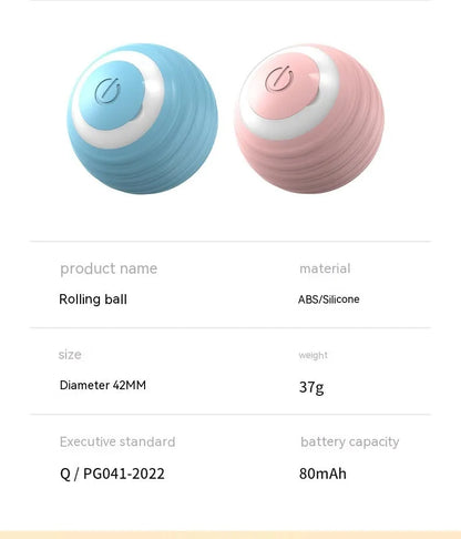 Blue automatic cat toy ball bouncing on floor with silicone construction and rechargeable design