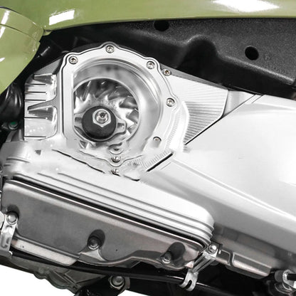 Vespa Primavera clutch intake cover in metallic finish shown on a scooter engine.