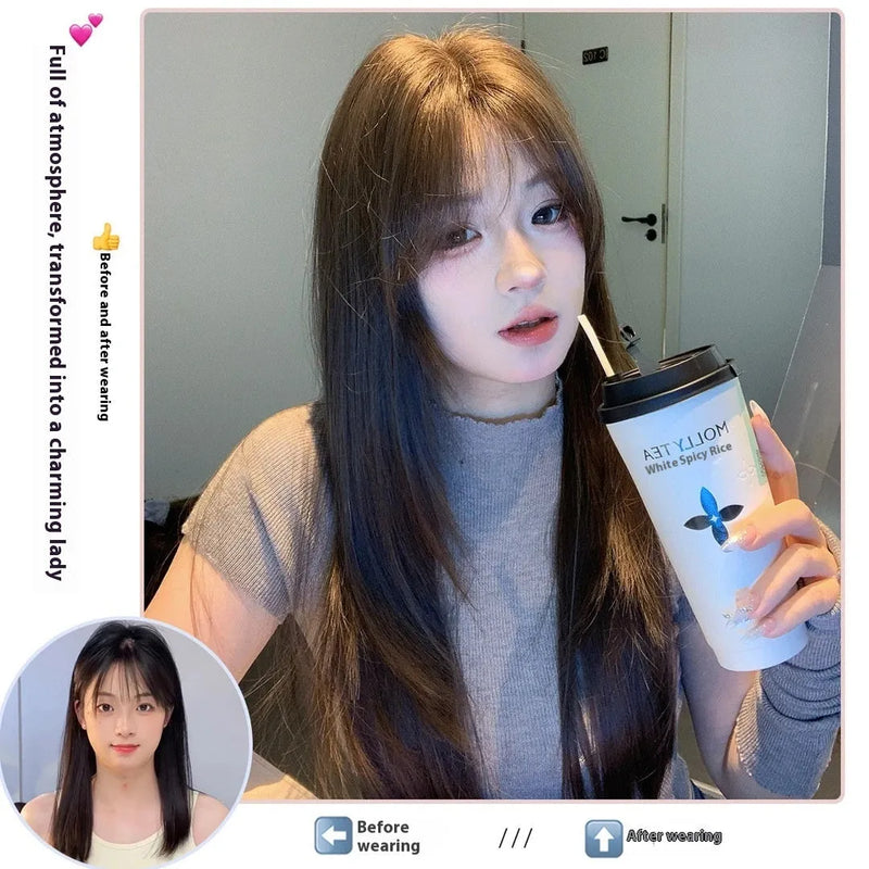 Full-head wig for women made from high-temperature fibre with long layered straight hair in cold brown colour, featuring a natural style that suits any skin tone and includes a hair net for application.