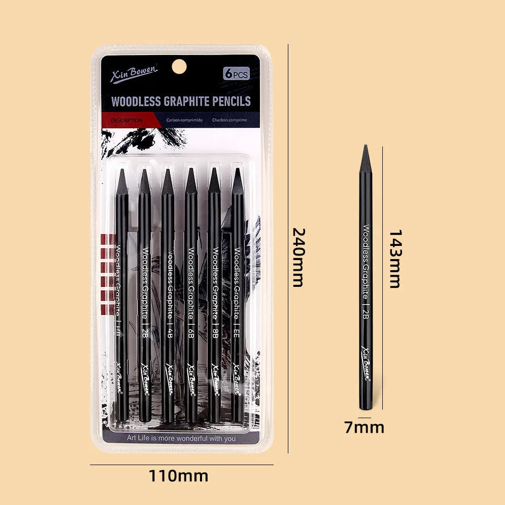 Wood-free graphite sketching pencils in six hardness grades: HB, 2B, 4B, 6B, 8B, EE with solid graphite cores