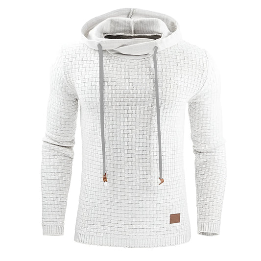 Man wearing a cotton-polyester blend hooded sweatshirt in grey, showing the front design and hood.