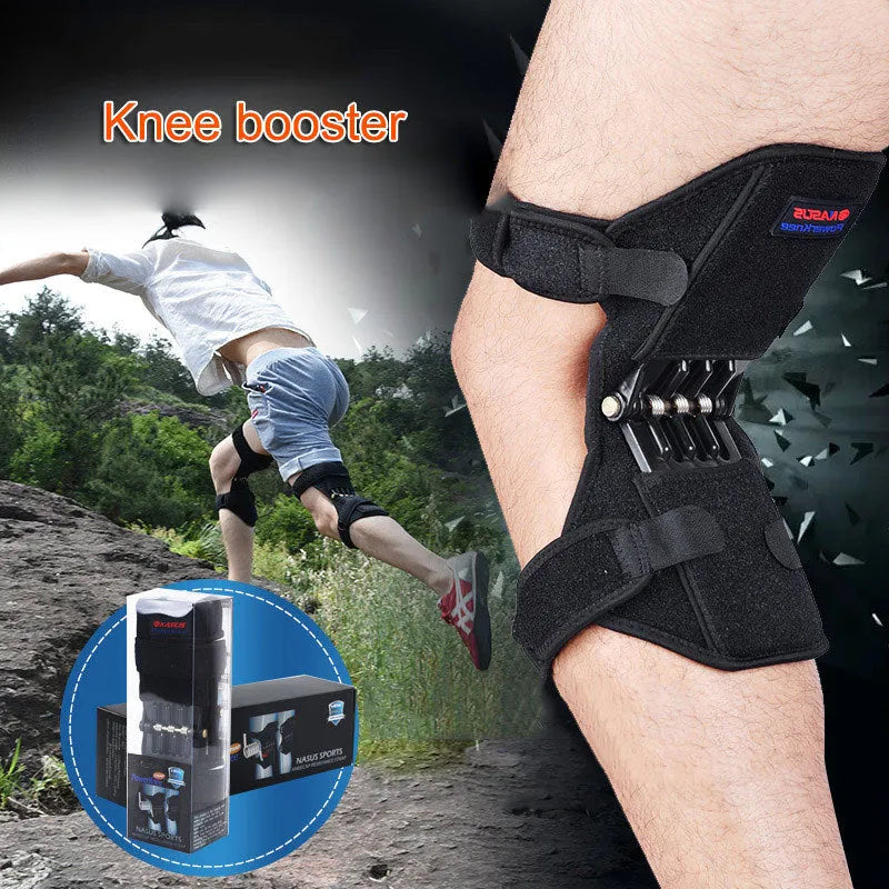 Adjustable spring knee brace for sports support in black, shown with straps.