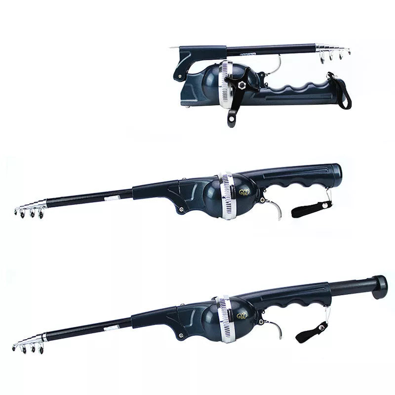 Compact foldable fishing rod with black epoxy construction and built-in reel