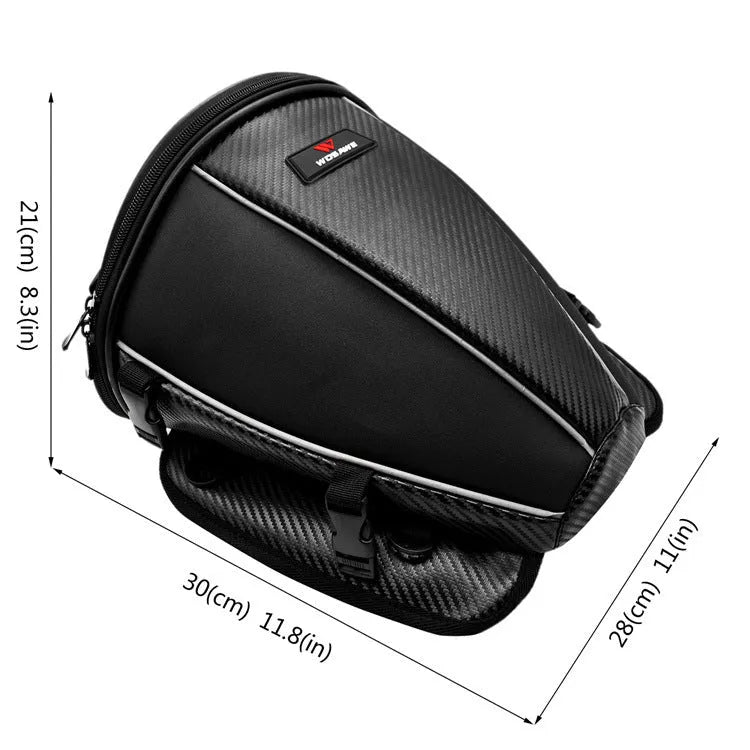 Black waterproof motorcycle tail bag with reflective stripe, showing multiple pockets and a carrying strap.