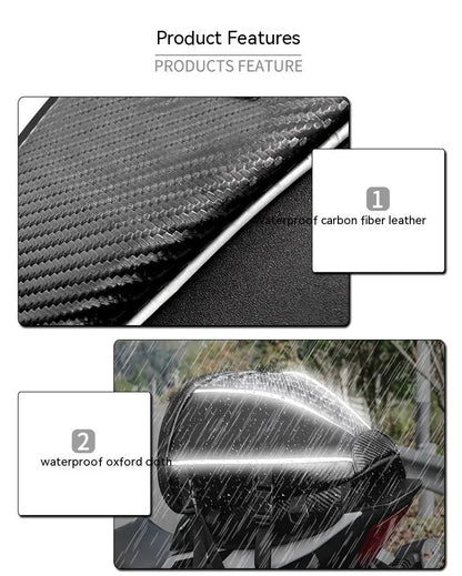 Black waterproof motorcycle tail bag with reflective stripe, showing multiple pockets and a carrying strap.