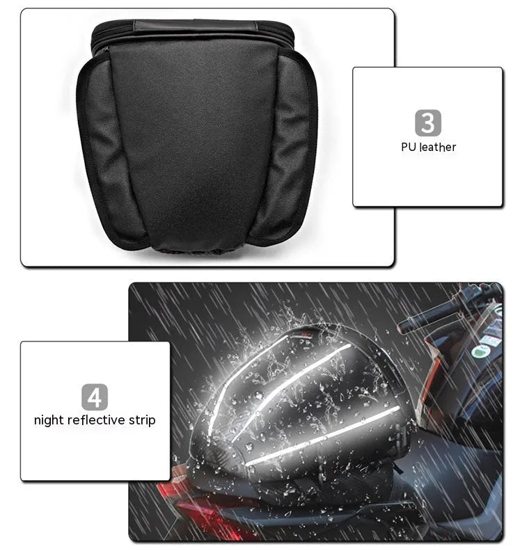 Black waterproof motorcycle tail bag with reflective stripe, showing multiple pockets and a carrying strap.