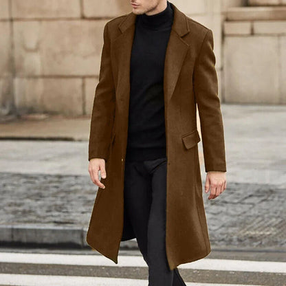Men's woolen long trench coat in black, gray, khaki, dark brown, and navy blue