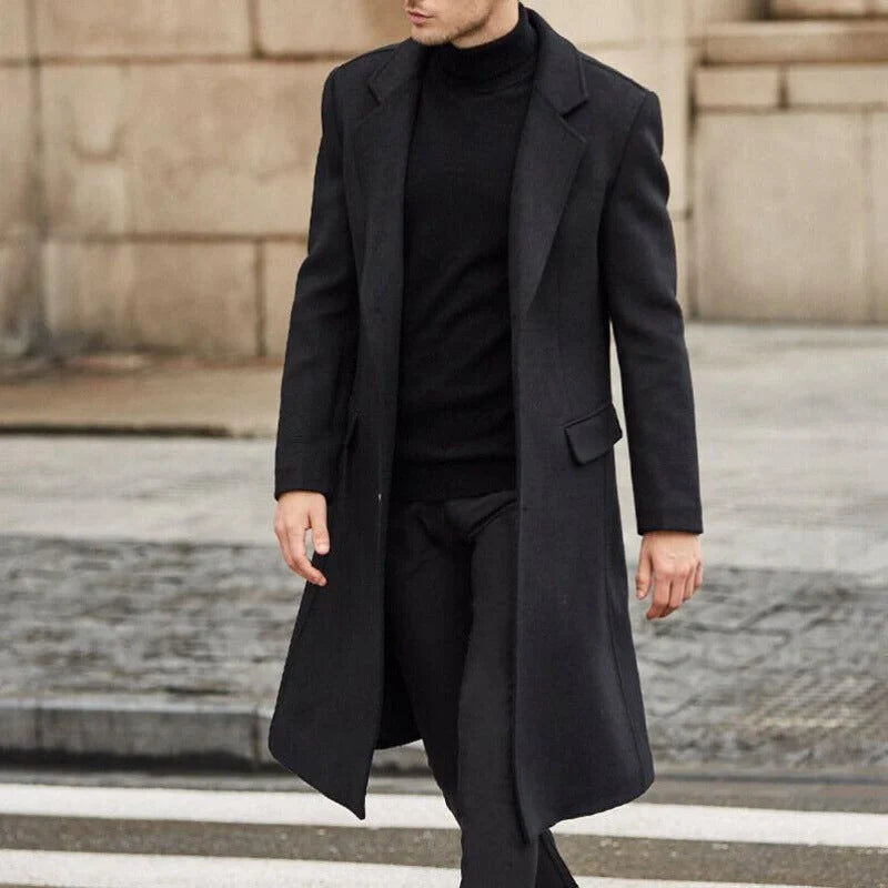 Men's woolen long trench coat in black, gray, khaki, dark brown, and navy blue