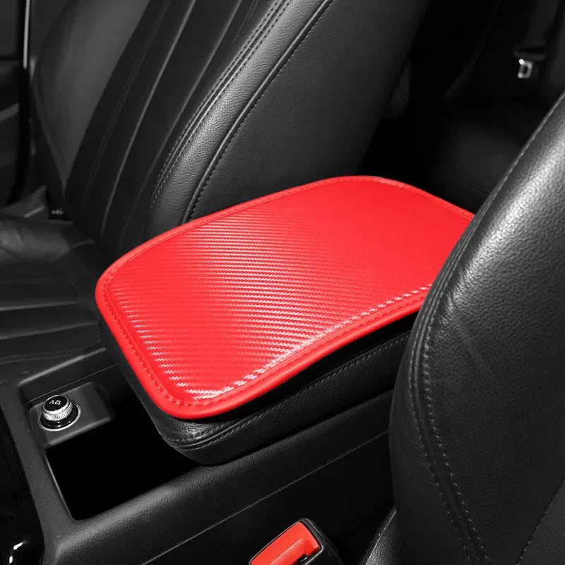 Universal leather car armrest cushion mat for centre console tray, shown in black colour, dimensions 29x19 cm.
