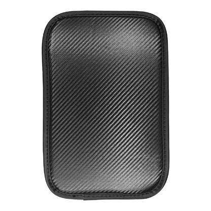Universal leather car armrest cushion mat for centre console tray, shown in black colour, dimensions 29x19 cm.