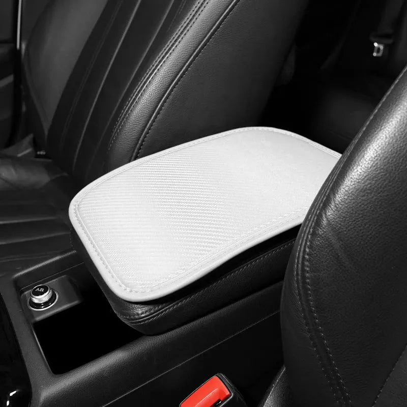 Universal leather car armrest cushion mat for centre console tray, shown in black colour, dimensions 29x19 cm.