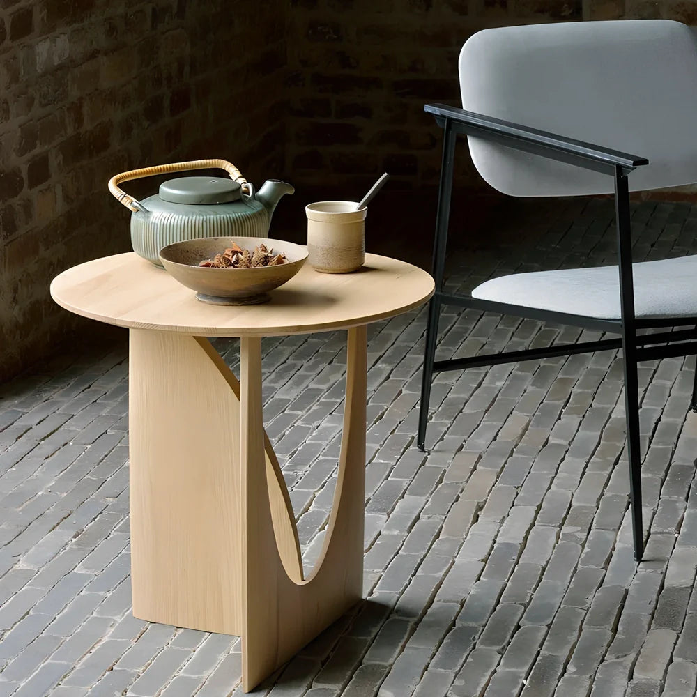Round solid wood side table with geometric base in walnut, log, or ash black finish