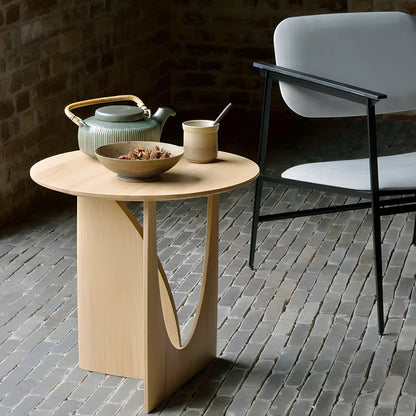 Round solid wood side table with geometric base in walnut, log, or ash black finish