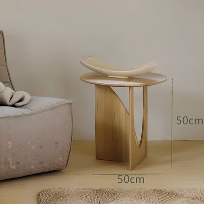 Round solid wood side table with geometric base in walnut, log, or ash black finish