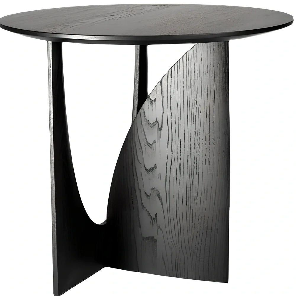 Round solid wood side table with geometric base in walnut, log, or ash black finish