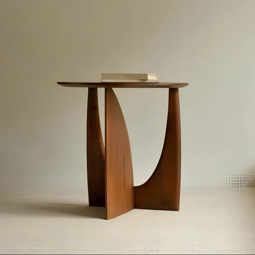 Round solid wood side table with geometric base in walnut, log, or ash black finish