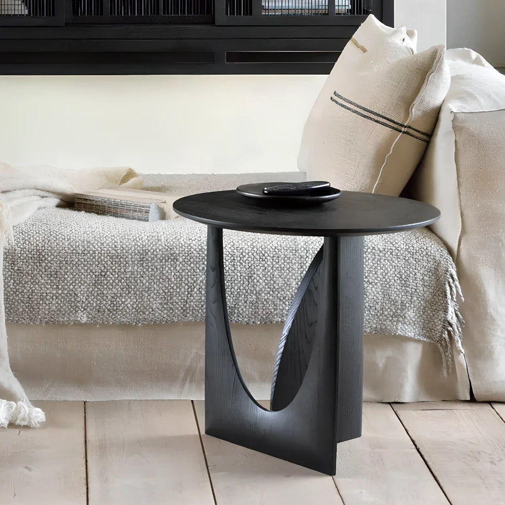 Round solid wood side table with geometric base in walnut, log, or ash black finish