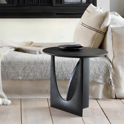 Round solid wood side table with geometric base in walnut, log, or ash black finish