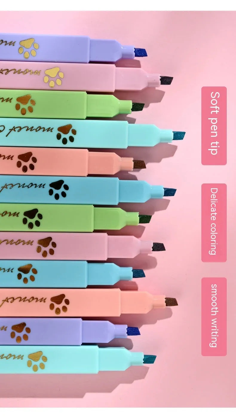 Cat's Paw fluorescent marking pen gift set, box open showing six pens with oblique heads.
