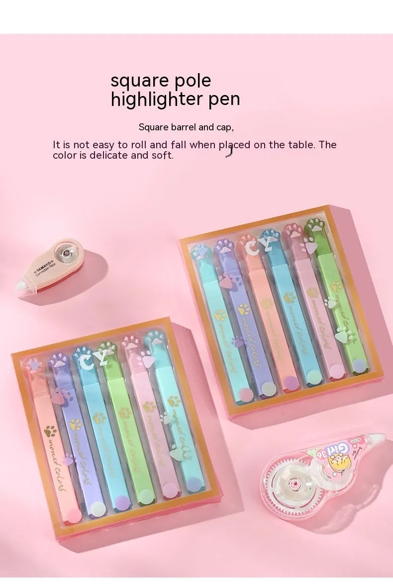 Cat's Paw fluorescent marking pen gift set, box open showing six pens with oblique heads.