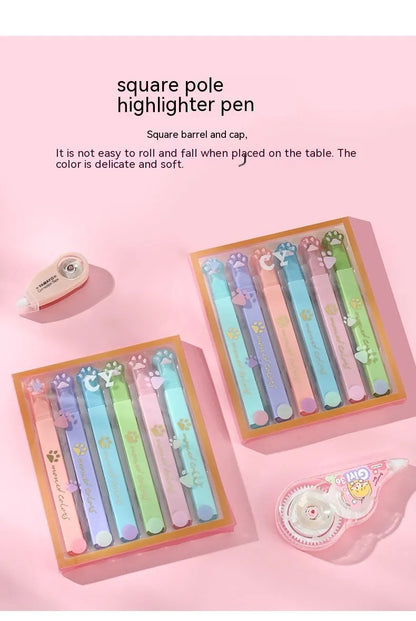 Cat's Paw fluorescent marking pen gift set, box open showing six pens with oblique heads.