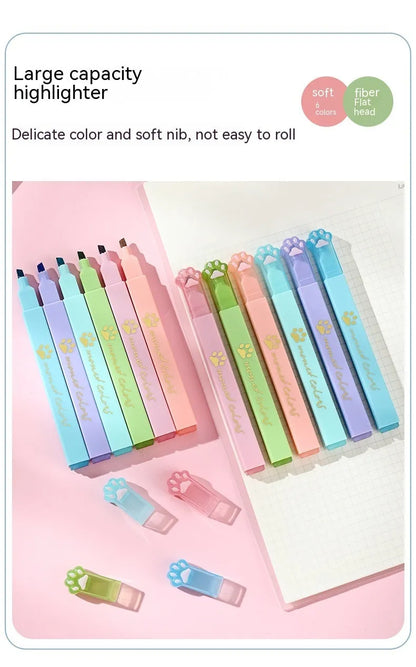 Cat's Paw fluorescent marking pen gift set, box open showing six pens with oblique heads.
