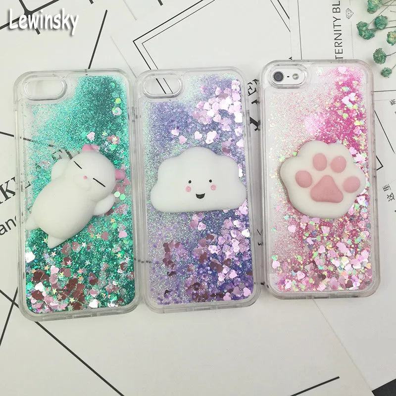 Quicksand squeezing toy iPhone case in TPU with cartoon animal design, shown in pink, cyan and purple shells