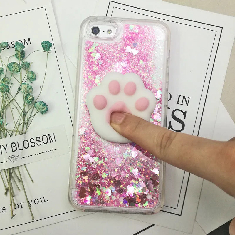 Quicksand squeezing toy iPhone case in TPU with cartoon animal design, shown in pink, cyan and purple shells